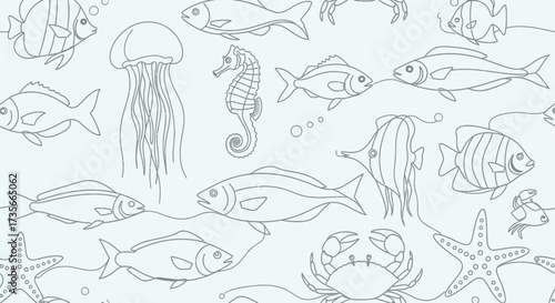 Whimsical hand drawn underwater sea creatures and marine life illustration in a repeating pattern perfect for children's textiles and decor