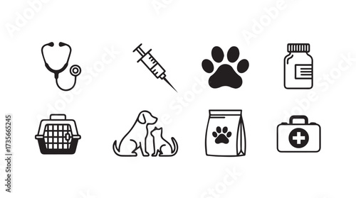 Set of veterinary icons representing pet care a stethoscope syringe paw print carrier and medicine vector