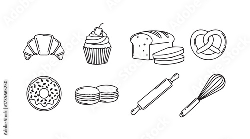 Hand-drawn baking icons featuring croissant muffin bread pretzel donut and utensils vector