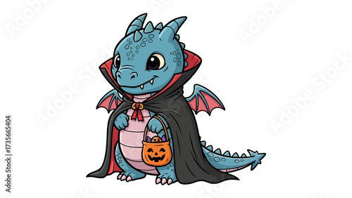Cute Dragon in Halloween Costume: A charming illustrated dragon, adorned in a Dracula-esque cloak and holding a jack-o'-lantern treat bag, celebrates Halloween with a delightful, fantastical flair.