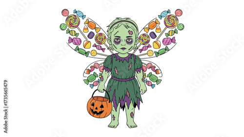 Halloween Fairy with Candy Wings: A spooky yet enchanting fairy, with candy wings, holds a pumpkin basket against a plain backdrop, designed for a Halloween celebration.
