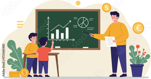 Empowering the next generation with financial literacy A teacher's interactive lesson concept explains economic principles and money management to young students using a blackboard