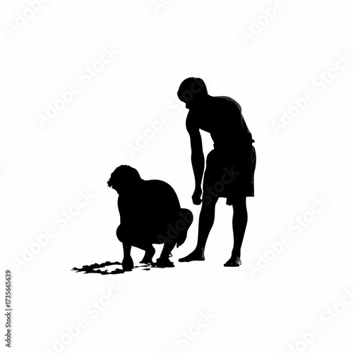 Silhouette of villagers writing numbers in sand with trainer supervision isolated on white background