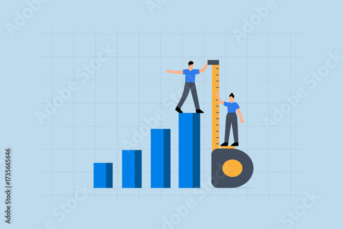 Business benchmark measurement, Businessman and woman assist with a measuring tape to gauge bar graph dimensions