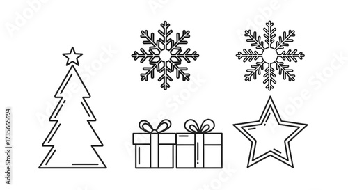 Winter holiday symbols including a Christmas tree decorated with a star two elegant snowflakes and two wrapped presents alongside a festive star outline perfect for seasonal designs