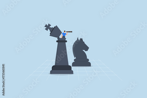 Success strategy, businessman leader unfolds chess king with binoculars to scan the future