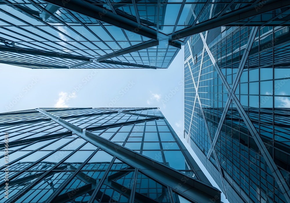 Obraz premium Photo of looking up at modern glass skyscrapers against a clear blue sky, showcasing architectural design