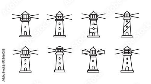 Set of eight stylized lighthouse icons with light beams for maritime and nautical themes vector