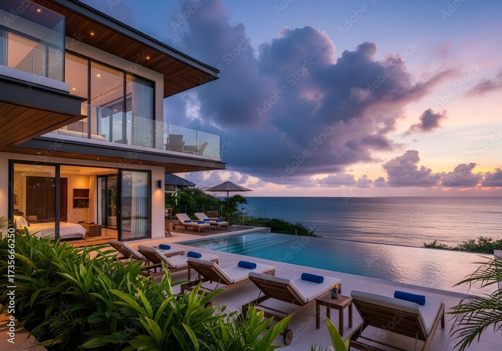 Fototapeta premium Photo of luxury beachfront villa with infinity pool at sunset, tropical paradise vacation