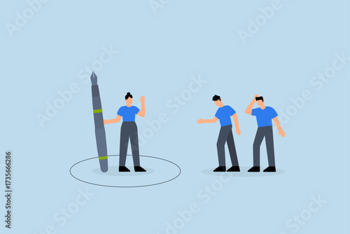 Personal space, entrepreneur drawing personal boundary circle with pencil to shield herself from colleagues
