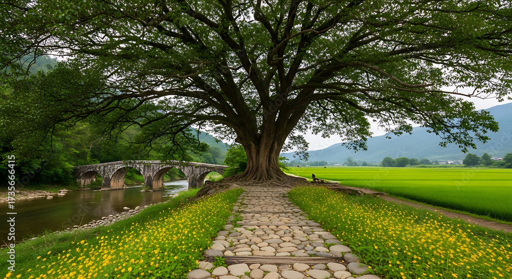 Obraz premium Ancient tree and stone bridge in rural landscape