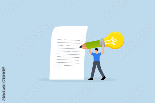 Copywriter, intelligent young man employing large pencil with bright idea sketching on paper