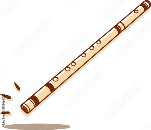 Vector illustration of a flute isolated on white background. Elegant woodwind instrument used in classical, folk, and jazz music. Perfect for educational, musical, and artistic design projects.