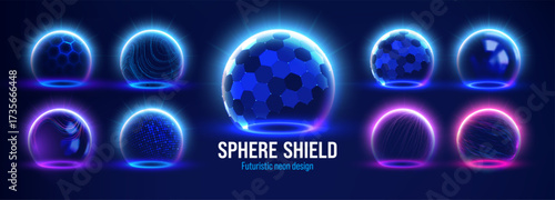 3D energy shield and protective dome with a blue force field and sphere for security. Glowing hexagon grid and abstract glass bubble with a futuristic aesthetic. Technology and defense applications.