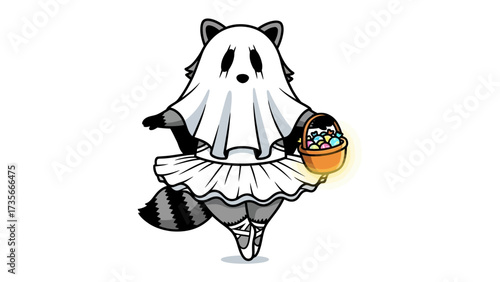 Spooky Raccoon's Treat: A charming raccoon, costumed as a ghost, gracefully pirouettes while carrying a candy-filled basket. It's a playful illustration capturing Halloween spirit. 