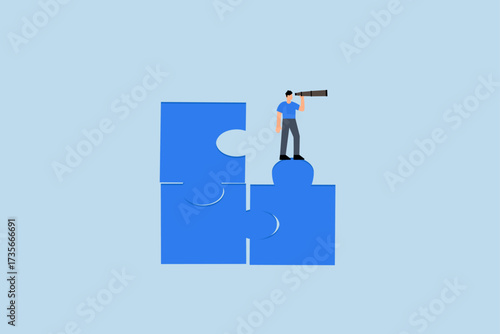 Finding solution, entrepreneur positioned on unfinished puzzle searching for absent fragment