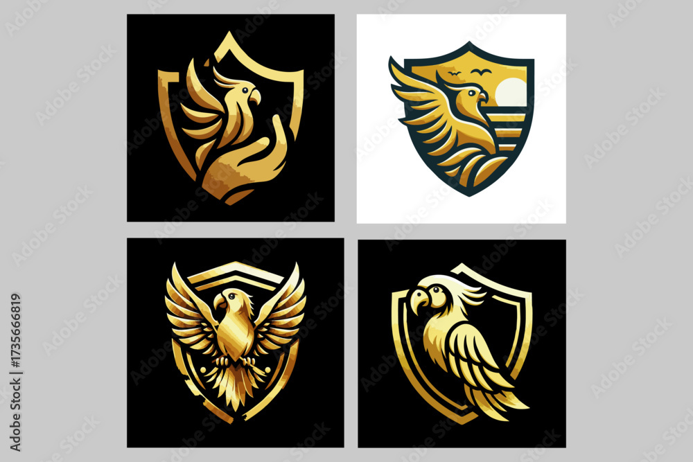 Fototapeta premium This is a vector image of a golden parrot logo suitable for use in company logo designs, farms, animal lovers, bird care, breeding, buying and selling, communities, stickers, banners, posters, content