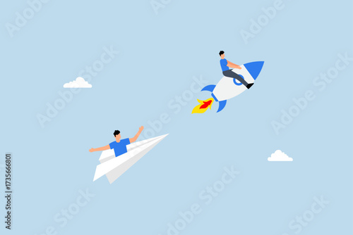 Leadership to win business competition, entrepreneur traveling swiftly in rocket to outpace rival origami aircraft