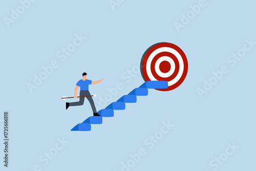 Success step to reach business goal, joyful entrepreneur holding dart ascends staircase to hit dartboard target