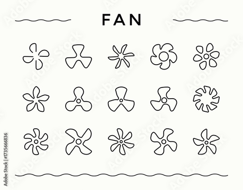 Fan icon set. Contains outline symbols like graphic, computer, cooler, ventilation, electric and more. Equipment modern icon set. Icons for UI designs. Vector illustration.
