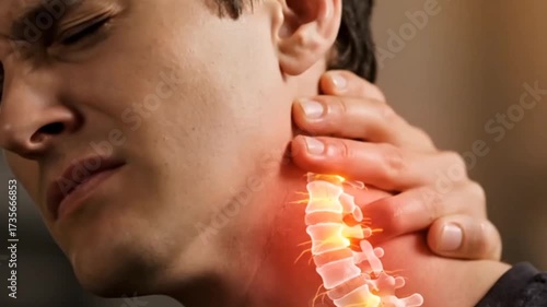 Man experiencing intense neck pain, seeking relief through gentle touch and massage