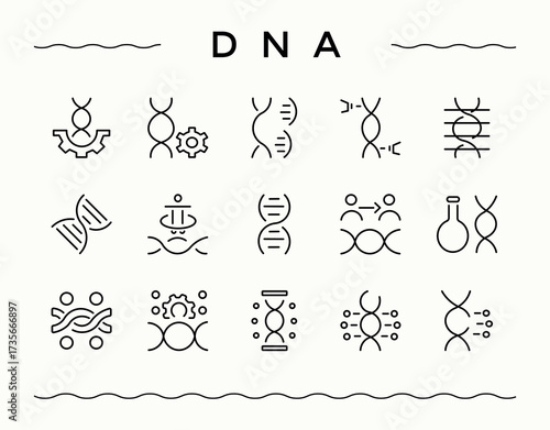 DNA icon collection. Web icons pack. Research linear icon set. Included lab, research, biotech, scientific, biotechnology and more.