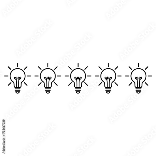 Five glowing light bulbs representing ideas creativity innovation and inspiration in a row