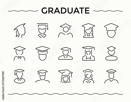 graduate vector line icon set. Web icons pack. Academic icon set. Contains outline symbols like university, degree, college, learning, study, education, knowledge and more.