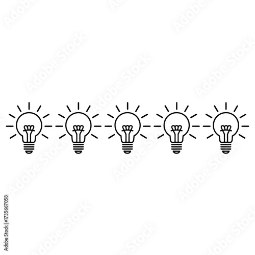Simple line art of five incandescent light bulbs connected in a row symbolizing ideas