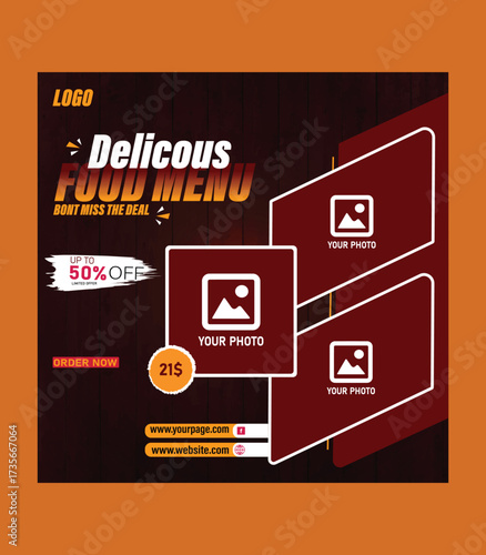 Food menu and restaurant social media marketing web banner template. Healthy fast food business website background. Pizza or burger online sale promotion flyer with logo and icon. Food video thumbnail