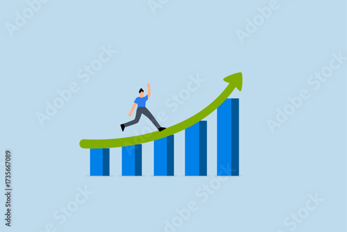 Work improvement, businesswoman ascending an upward arrow on a performance enhancement bar chart