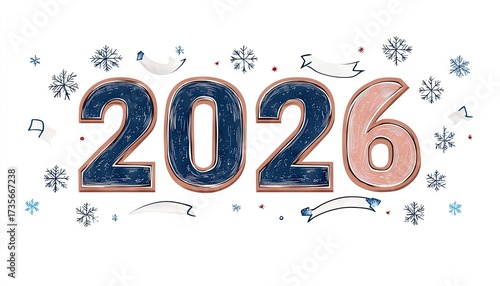 New Year 2026 graphic with snowflakes, ribbons