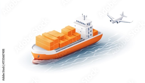 Cargo ship and airplane, isometric style,  shipping illustration