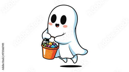 Cheerful Ghost with Halloween Treats: A delightful ghost, brimming with festive charm, floats joyfully while holding a pail filled with delectable treats, embodying the whimsical spirit of Halloween.