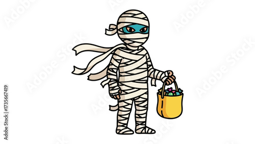 Mummy's Spooky Night: A fun cartoonish mummy figure, ready for trick-or-treating. With bandages and a candy-filled bucket. evoking playful spooky fun for the holiday. 