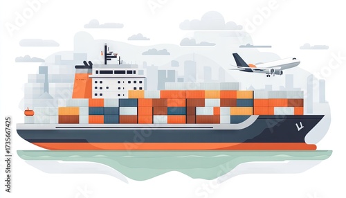 Cargo ship at port with airplane
