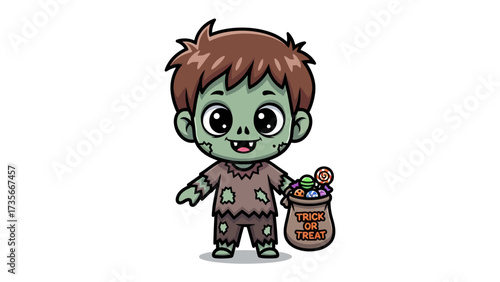 Zombie kid trick or treat: a cute illustration of a zombie kid carrying candy bag full of treats, for Halloween and trick or treat party.