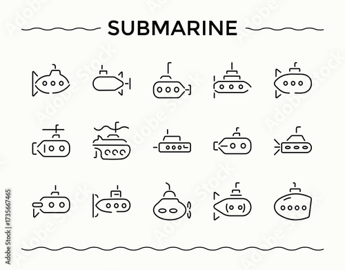 Submarine icon set. It contains symbols to ship, sea, boat, vessel, transport and more. Transport icon set. UI icons set in a thin style. Editable stroke. Pixel Perfect.