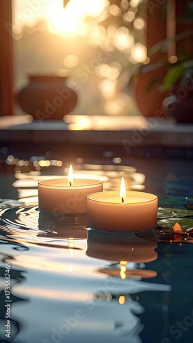 Two candles float on water, sunset glow