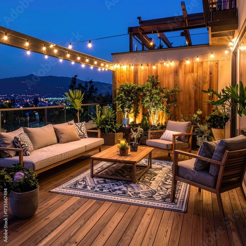 Patio with string lights and wooden accents at dusk