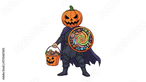 Jack O'Lantern Guardian: A whimsical illustration portrays a figure with a Jack O'Lantern head, dressed in a cloak, wielding a shield of colorful candies.