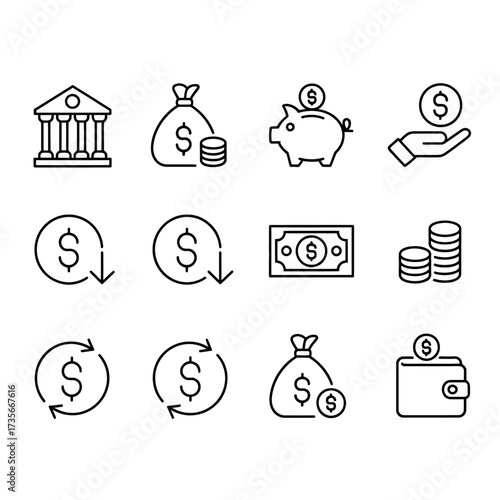 Set of 12 black and white line art icons representing finance banking and money savings concepts
