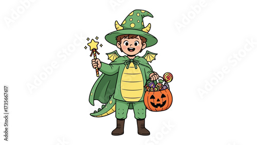 Halloween Dragon Wizard: A charming illustration of a child dressed as a whimsical dragon wizard. A delightful festive scene, featuring candy and the spirit of spooky magic.