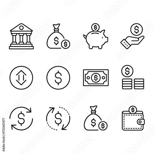 Set of 12 black and white line art icons representing finance banking and money concepts