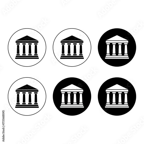 Set of six minimalist architectural icons featuring classic buildings and columns