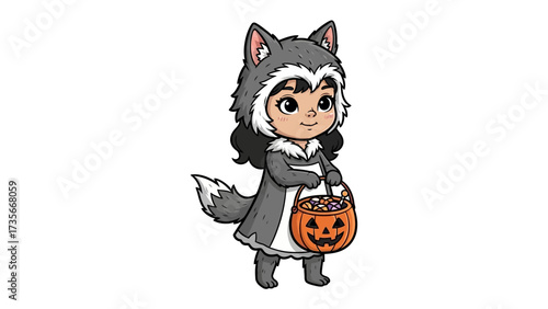 Halloween Wolf Costume: A young girl dressed in a whimsical wolf costume, clutching a pumpkin-shaped candy basket, embodying the playful spirit of the festive season. 