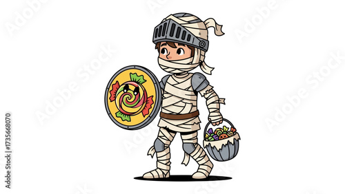 Mummy Knight: A cartoonish illustration of a costumed figure, wrapped in bandages with a helmet and shield, carrying a basket.
