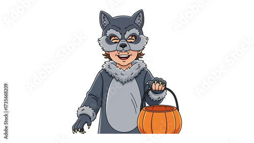 Halloween Joy: A youthful child in a striking wolf costume, joyfully clutching a pumpkin-shaped candy holder, embodies the thrill of Halloween.