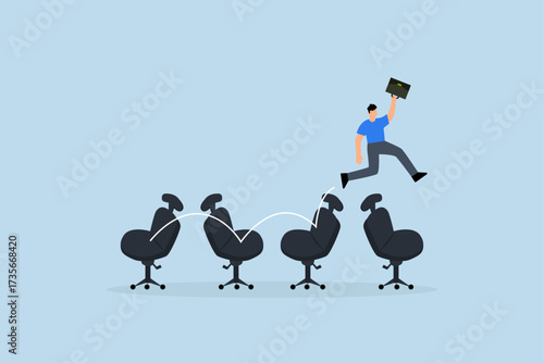 Job hopping, happy job seeker leaping from desk chair to new workspace symbolizing frequent job transitions