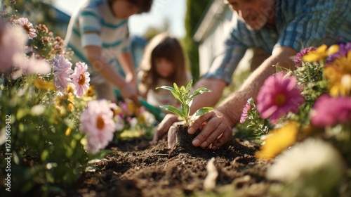 An elderly man helps two children plant flowers in a vibrant garden, surrounded by colorful blooms and warm sunlight.